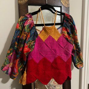FARM RIO ANTHROPOLOGIE Tropical Print Crochet Halter Top Size M
